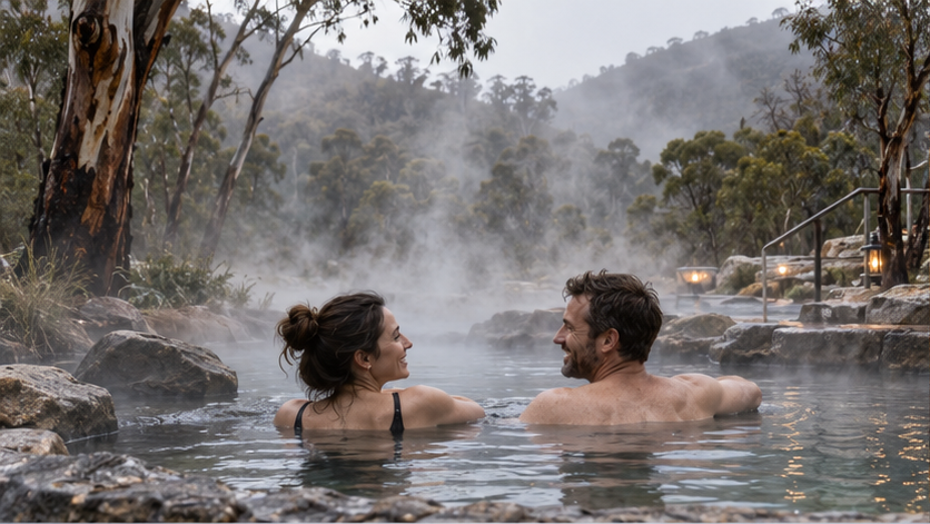 A couple relaxing in a misty mineral spring
