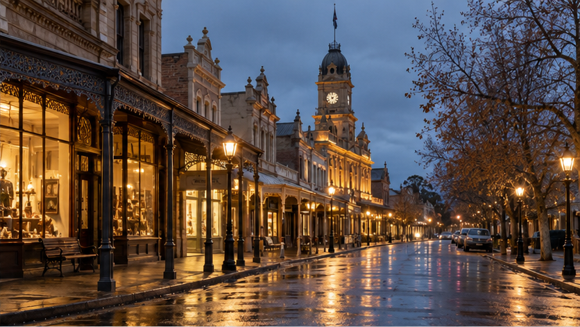 Historic Victorian streets glowing after rain