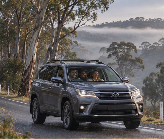 A family driving along a misty Victorian country road