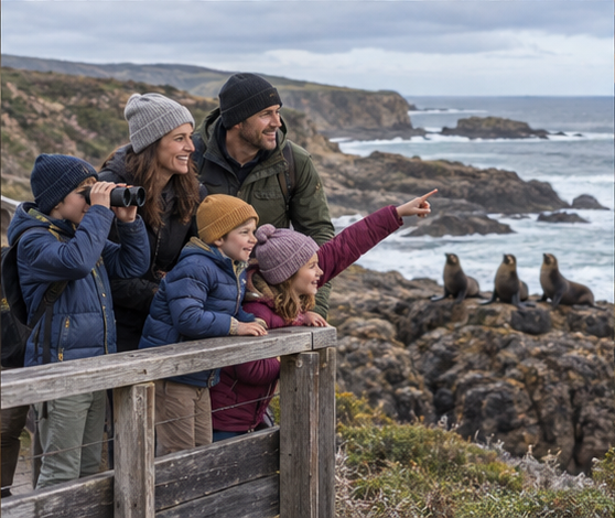 A family watching wildlife on the Victorian coast