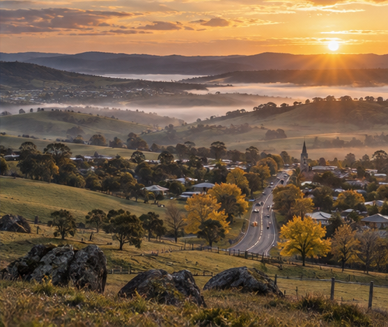 Misty regional hills glowing at sunset